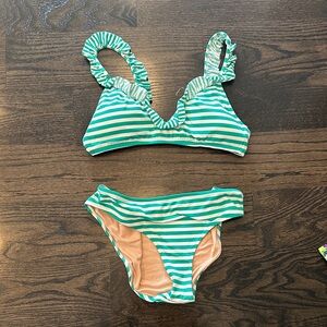 J. Crew Green and White Striped Bikini Medium Top and Large Bottom